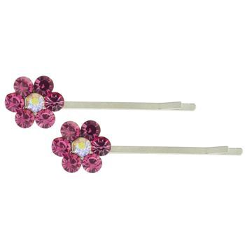Karen Marie - Crystal Flower Bobby Pins - Rose - Silver (Set of 2)